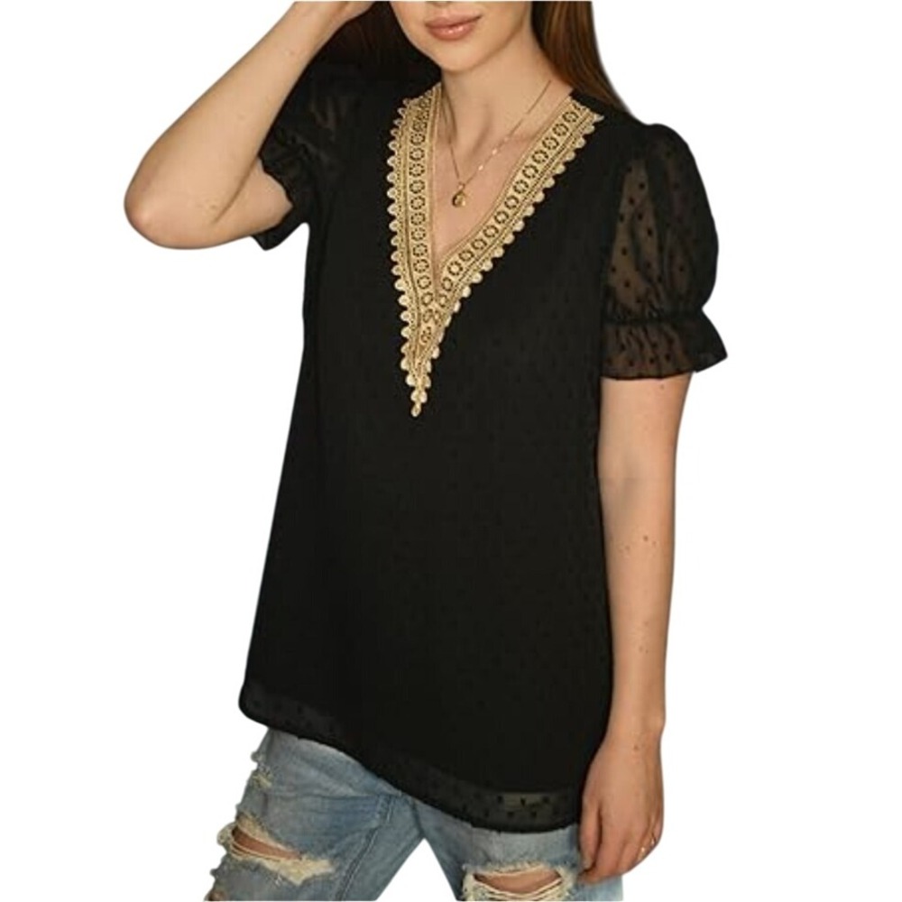 Black‎ Swiss Dot Blouse Gold Crochet V Neck Short Sleeve Top Large NWT